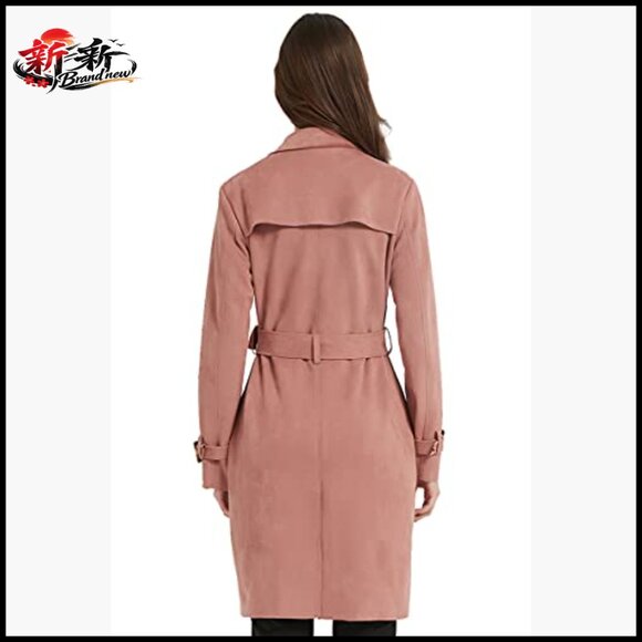 Faux Suede Trench Coat Windbreaker Long Sleeve Regular Fit - Picture 6 of 7